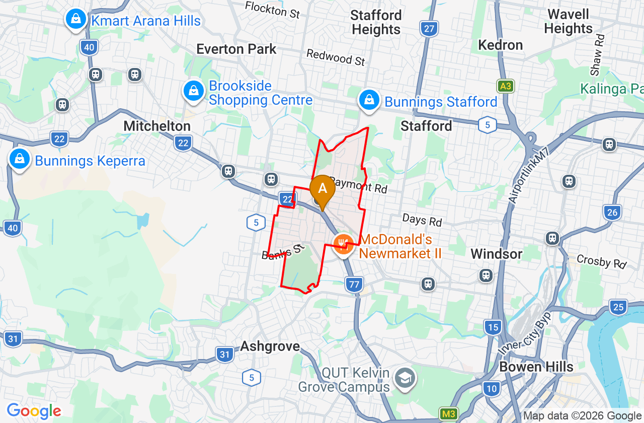 Map showing PCFixer computer repair service area and suburb boundary around Alderley QLD