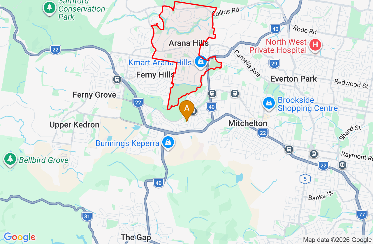 Map showing PCFixer computer repair service area and suburb boundary around Arana Hills QLD