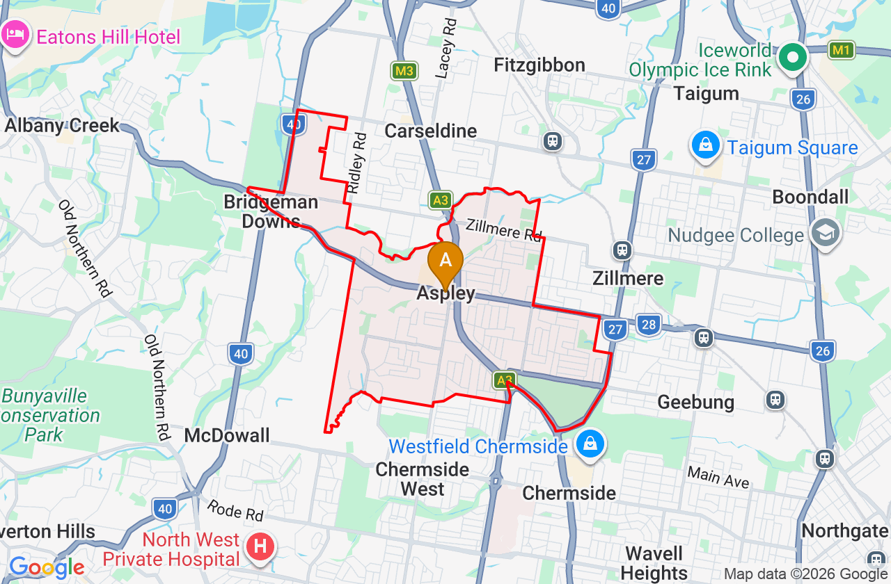 Map showing PCFixer computer repair service area and suburb boundary around Aspley QLD