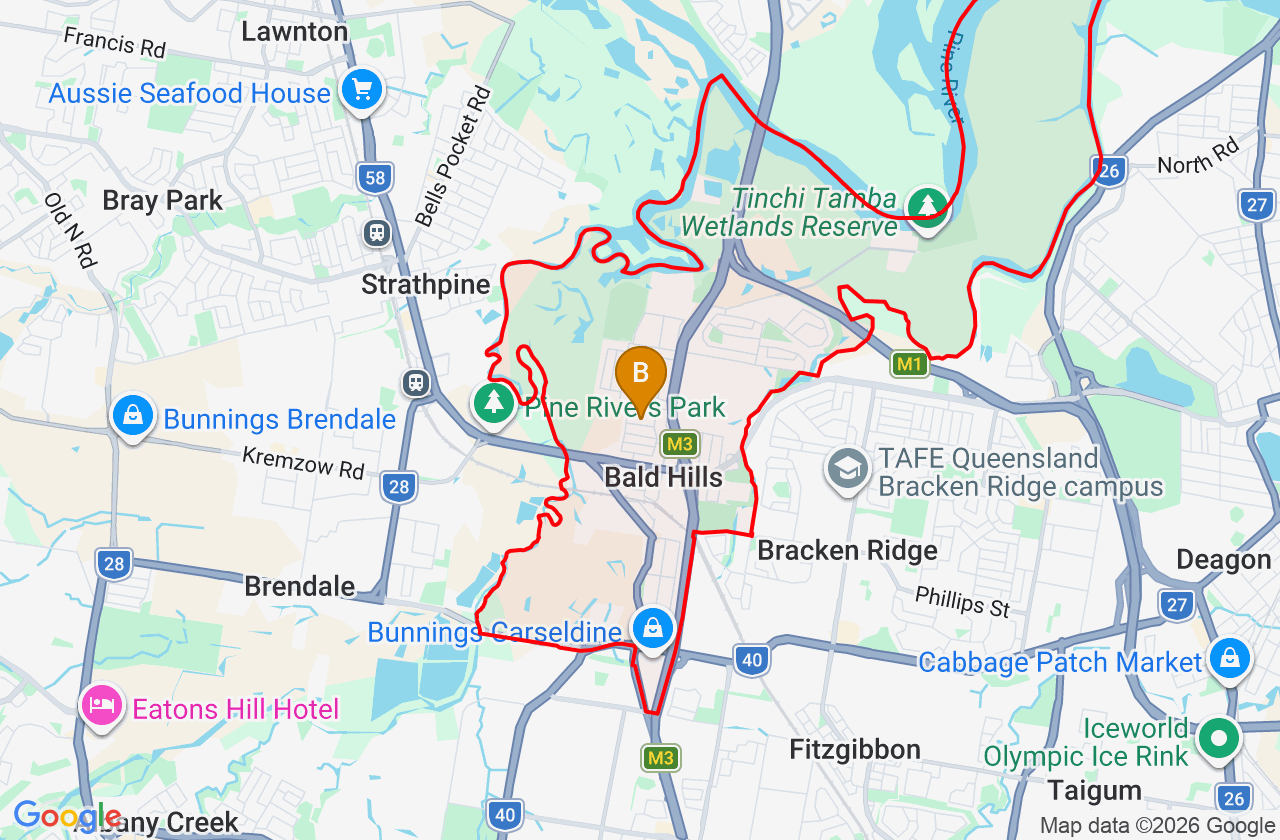 Map showing PCFixer computer repair service area and suburb boundary around Bald Hills QLD