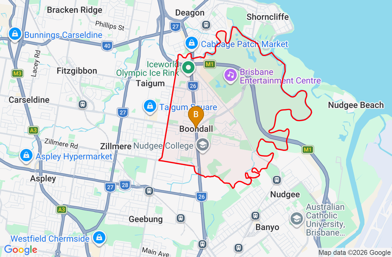 Map showing PCFixer computer repair service area and suburb boundary around Boondall QLD