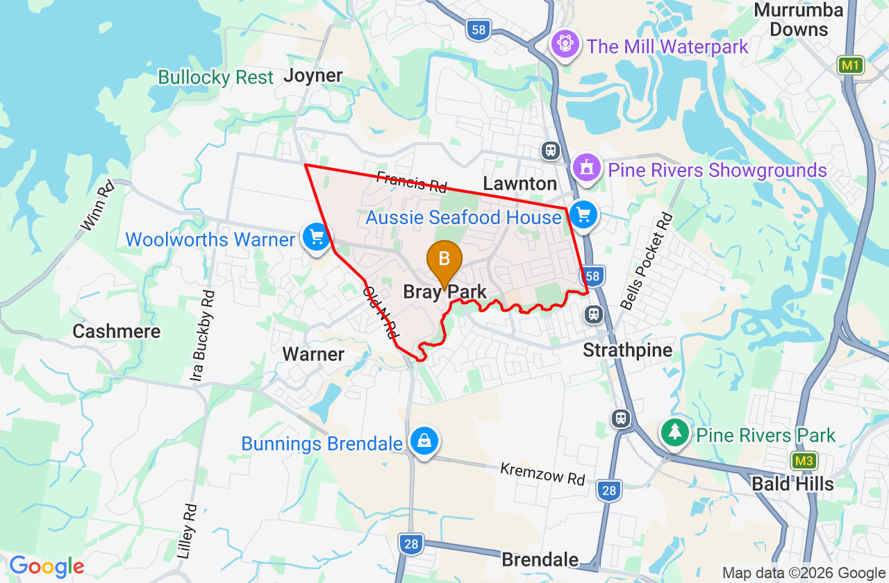 Map showing PCFixer computer repair service area and suburb boundary around Bray Park QLD