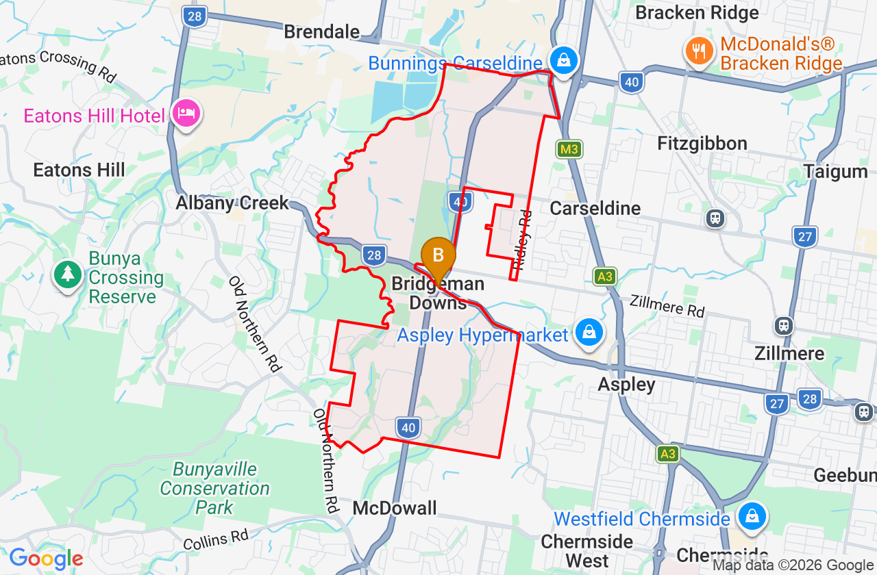 Map showing PCFixer computer repair service area and suburb boundary around Bridgeman Downs QLD