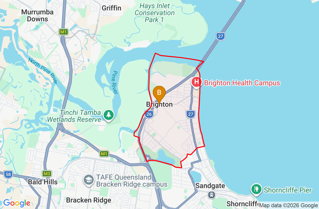 Map showing PCFixer computer repair service area and suburb boundary around Brighton QLD