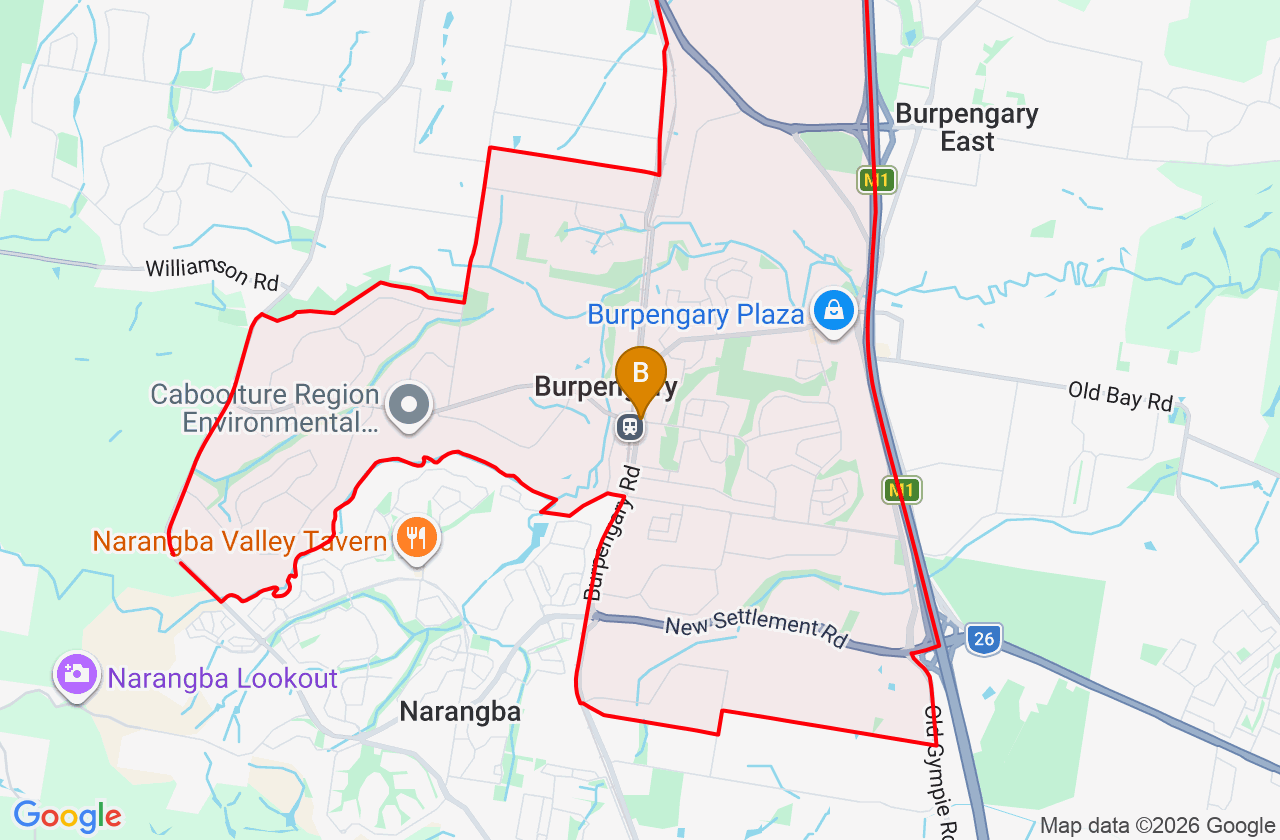 Map showing PCFixer computer repair service area and suburb boundary around Burpengary QLD