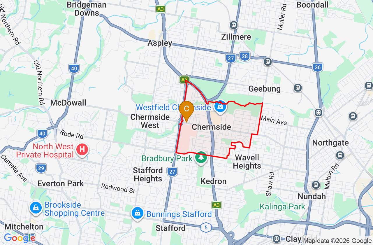 Map showing PCFixer computer repair service area and suburb boundary around Chermside QLD