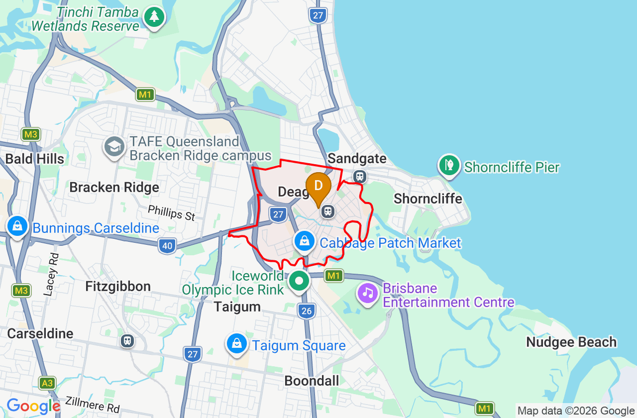 Map showing PCFixer computer repair service area and suburb boundary around Deagon QLD