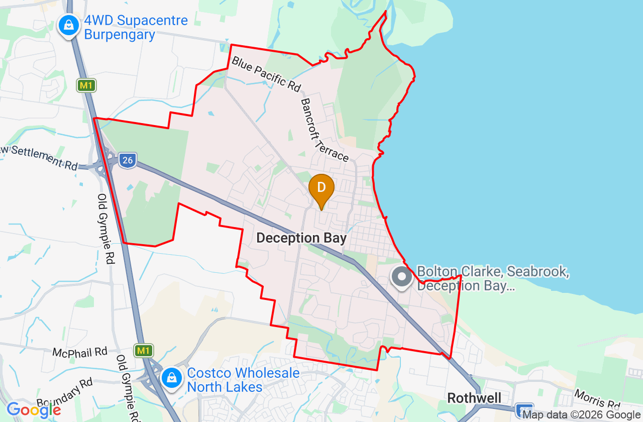 Map showing PCFixer computer repair service area and suburb boundary around Deception Bay QLD