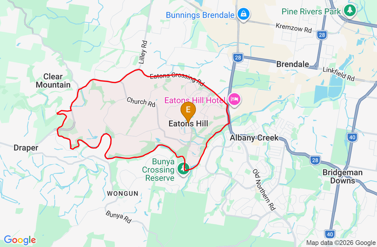 Map showing PCFixer computer repair service area and suburb boundary around Eatons Hill QLD