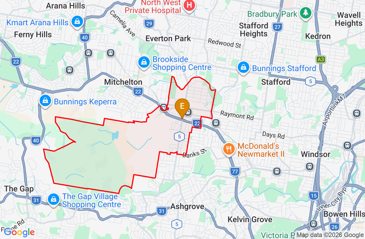 Map showing PCFixer computer repair service area and suburb boundary around Enoggera QLD