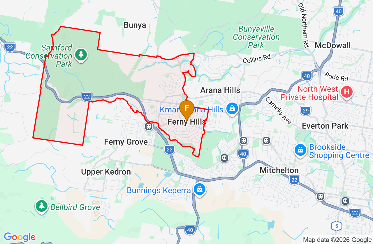 Map showing PCFixer computer repair service area and suburb boundary around Ferny Hills QLD