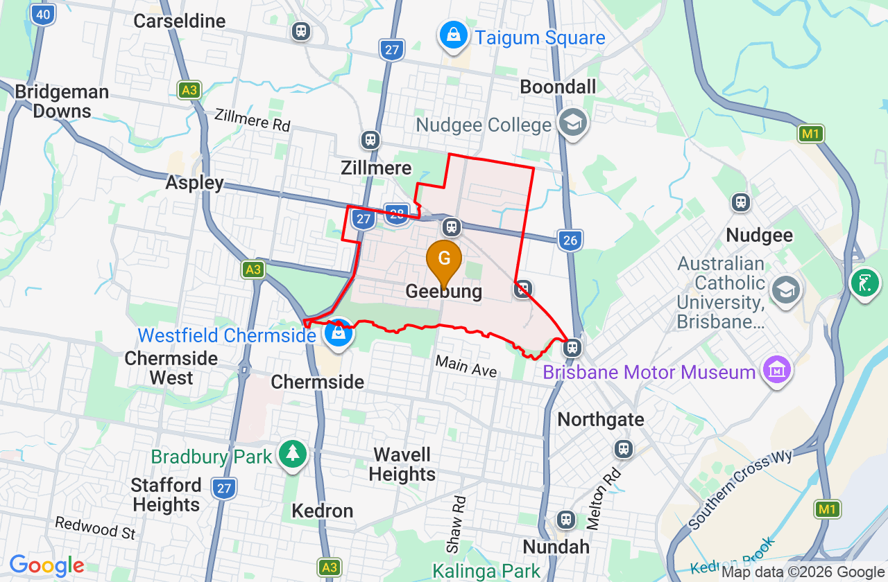 Map showing PCFixer computer repair service area and suburb boundary around Geebung QLD