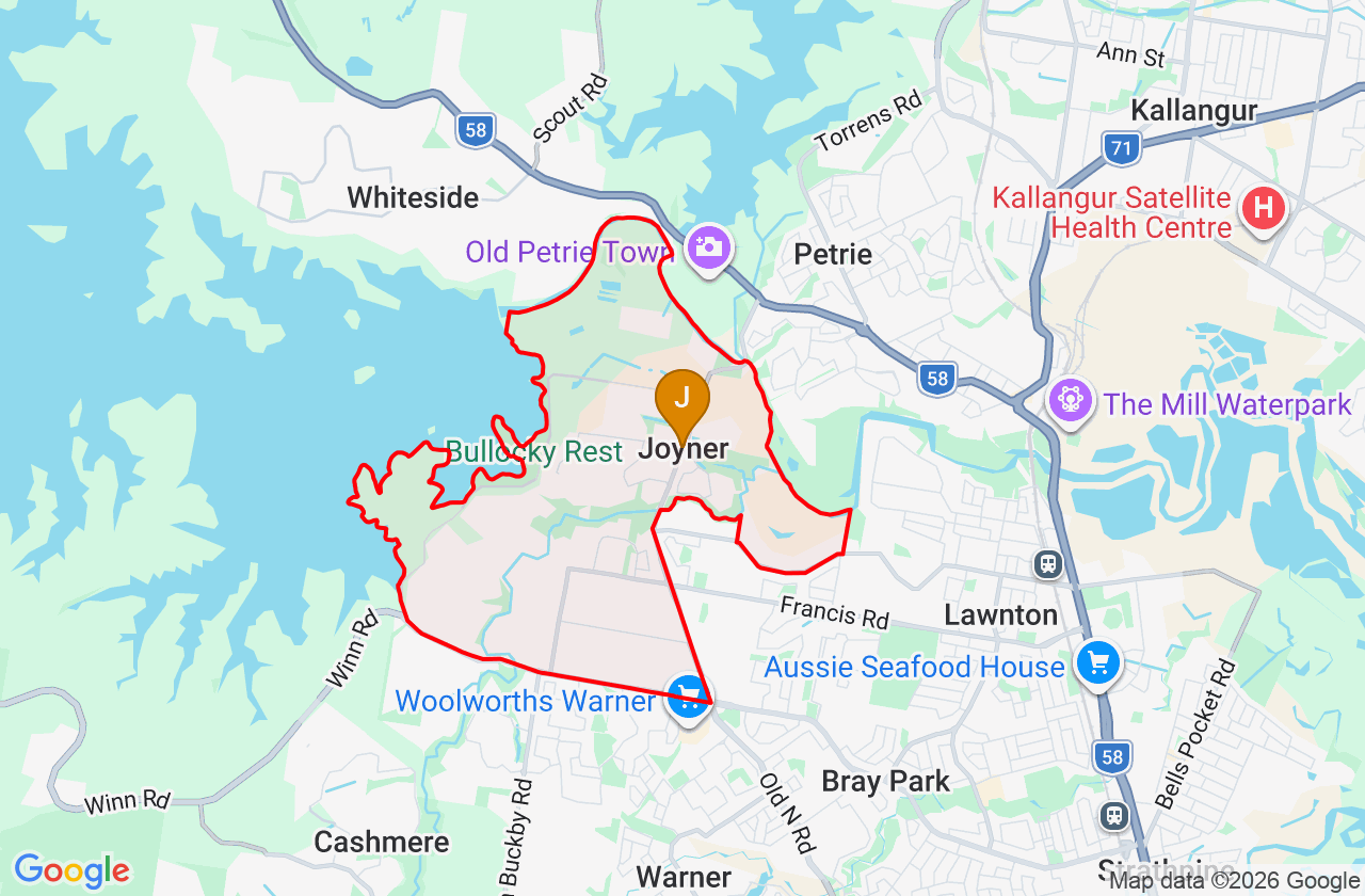 Map showing PCFixer computer repair service area and suburb boundary around Joyner QLD