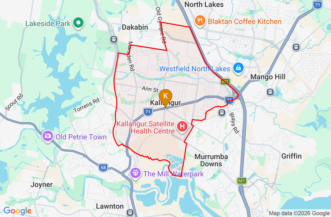 Map showing PCFixer computer repair service area and suburb boundary around Kallangur QLD