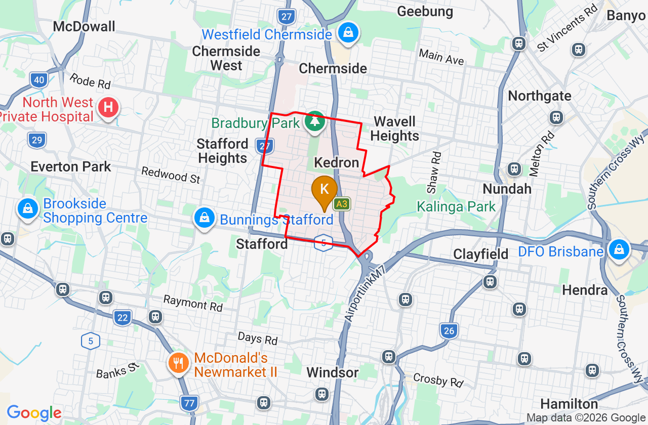 Map showing PCFixer computer repair service area and suburb boundary around Kedron QLD