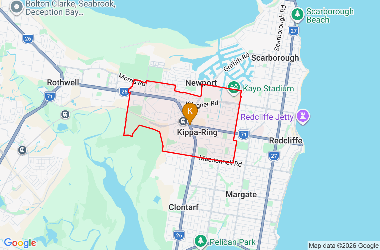 Map showing PCFixer computer repair service area and suburb boundary around Kippa-Ring QLD