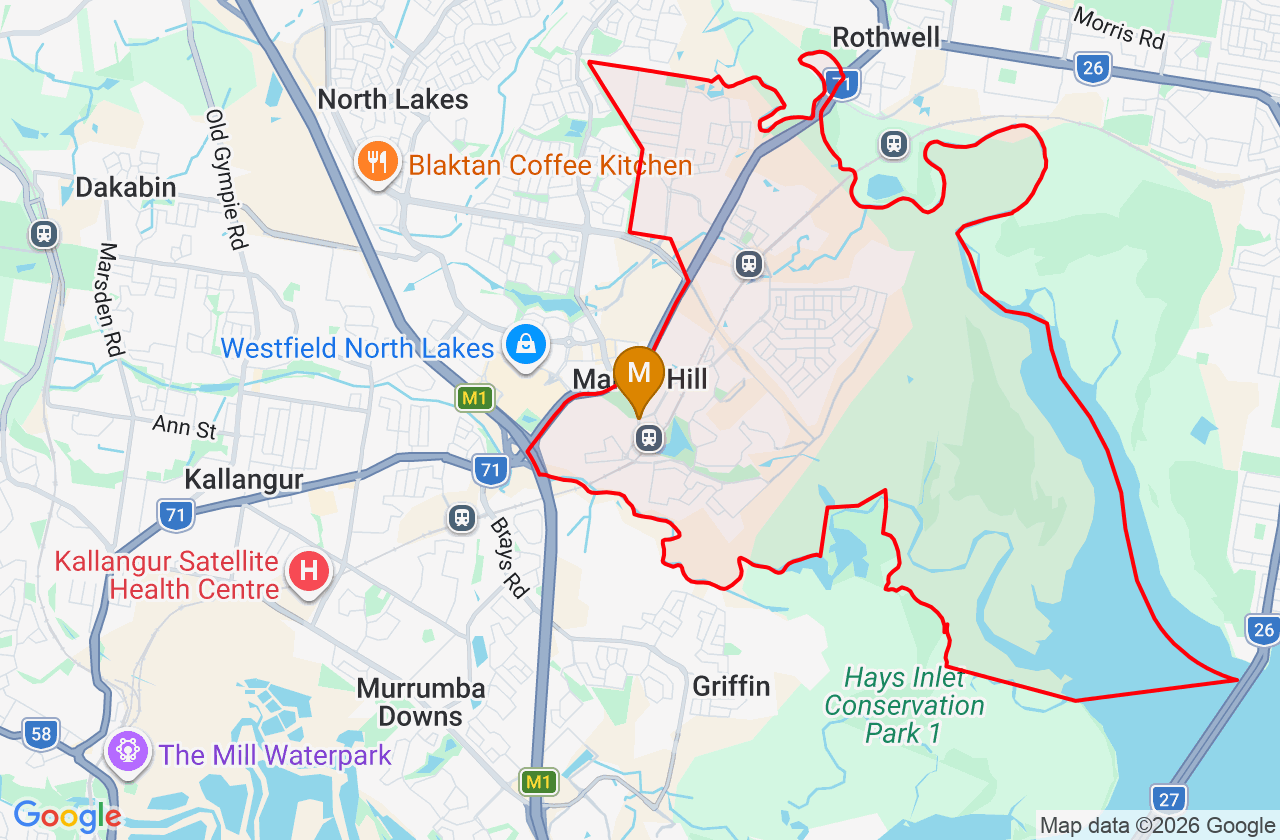 Map showing PCFixer computer repair service area and suburb boundary around Mango Hill QLD
