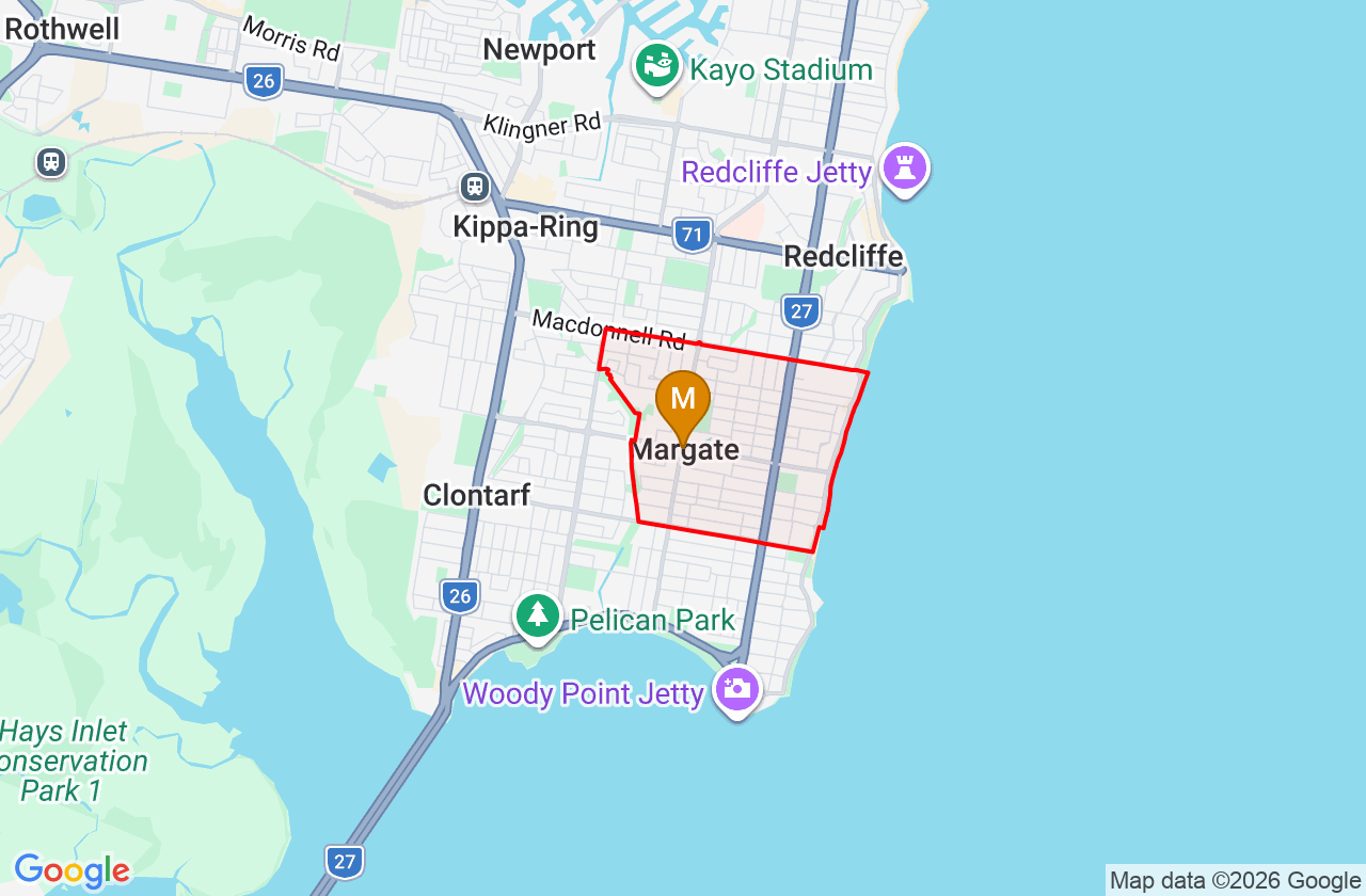 Map showing PCFixer computer repair service area and suburb boundary around Margate QLD