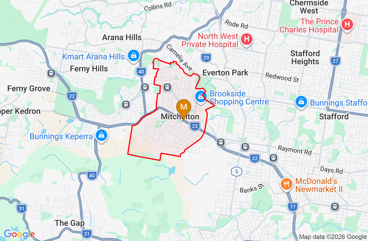Map showing PCFixer computer repair service area and suburb boundary around Mitchelton QLD