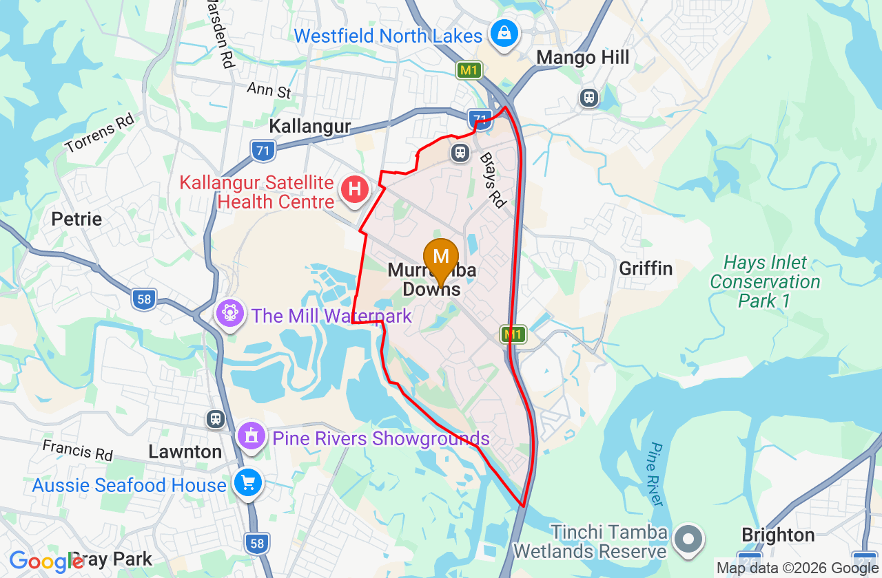 Map showing PCFixer computer repair service area and suburb boundary around Murrumba Downs QLD