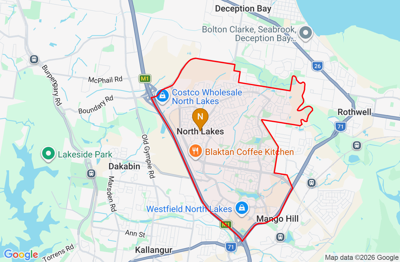 Map showing PCFixer computer repair service area and suburb boundary around North Lakes QLD