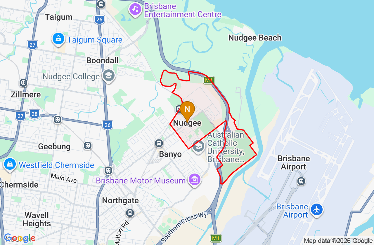 Map showing PCFixer computer repair service area and suburb boundary around Nudgee QLD