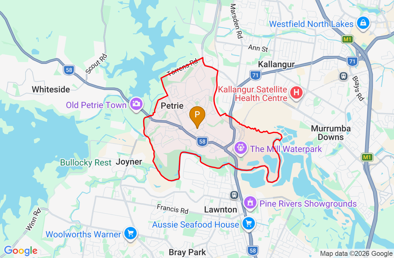 Map showing PCFixer computer repair service area and suburb boundary around Petrie QLD