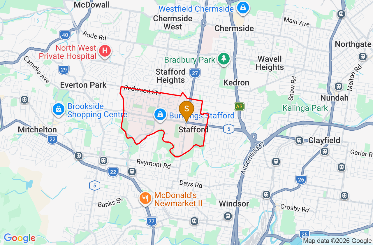 Map showing PCFixer computer repair service area and suburb boundary around Stafford QLD