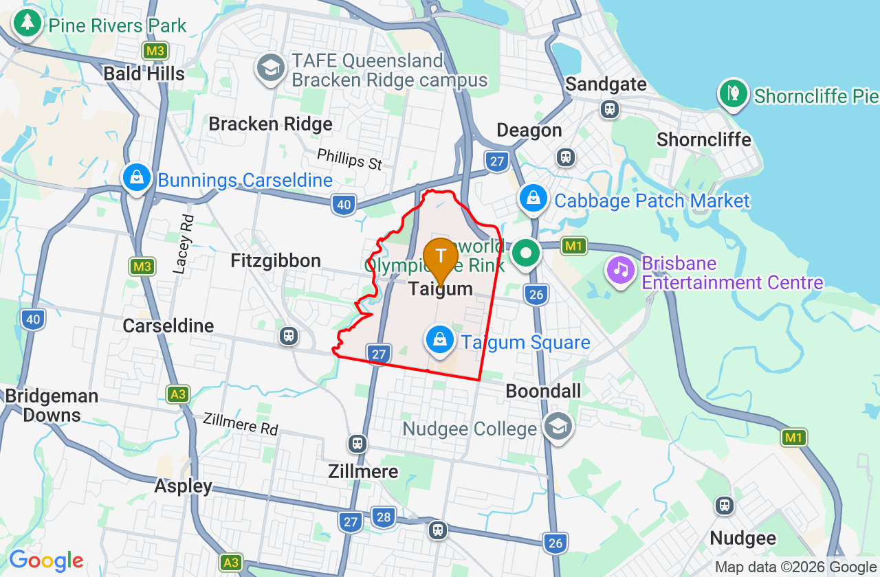 Map showing PCFixer computer repair service area and suburb boundary around Taigum QLD
