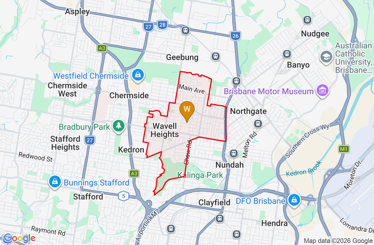 Map showing PCFixer computer repair service area and suburb boundary around Wavell Heights QLD