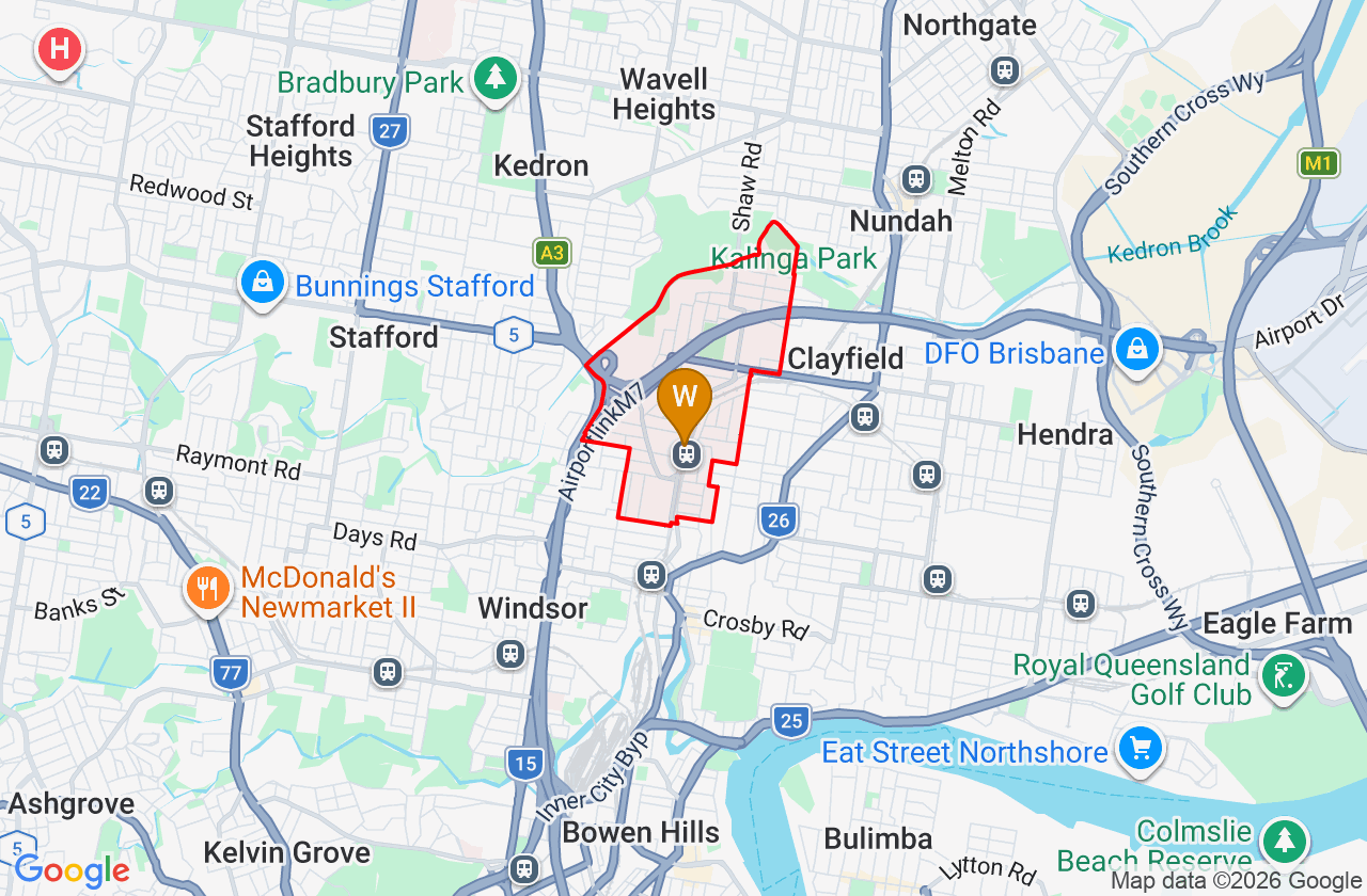 Map showing PCFixer computer repair service area and suburb boundary around Wooloowin QLD